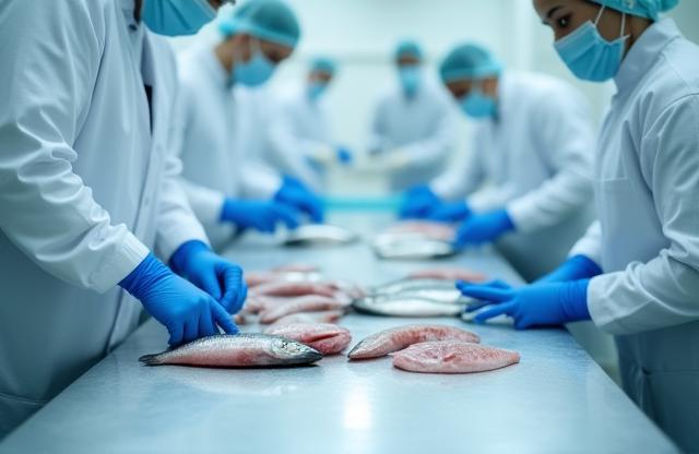 Workers processing fish in a clean facility